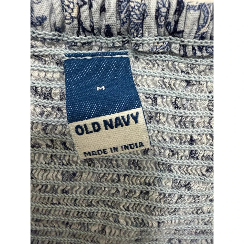 Old Navy Women's M Blue Paisley Smocked Puff Sleeve Babydoll Button Blouse